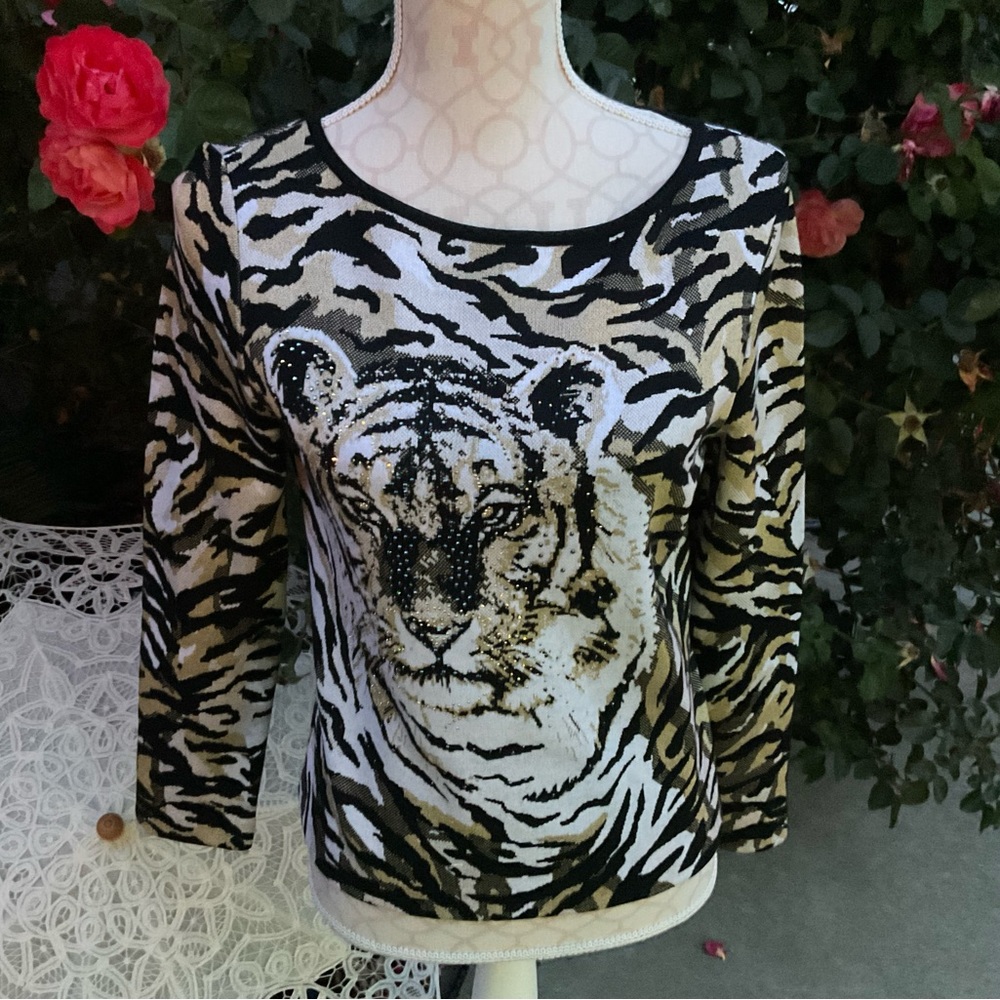 Griffith Gray St John Sz P Lion 🦁 paillette rhinestone dress Evening Sweater